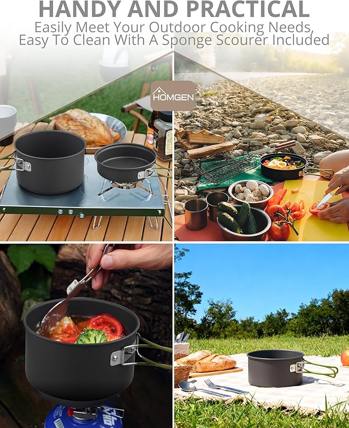 HOMGEN Portable Camping Cookware Set-Lightweight Aluminum Camp Pots and Pans Kit-Comes with Non-Stick Pots/A Frying Pan etc-Complete Camping Mess Kit for Camping/Hiking/Fishing & Other Outdoor Trip