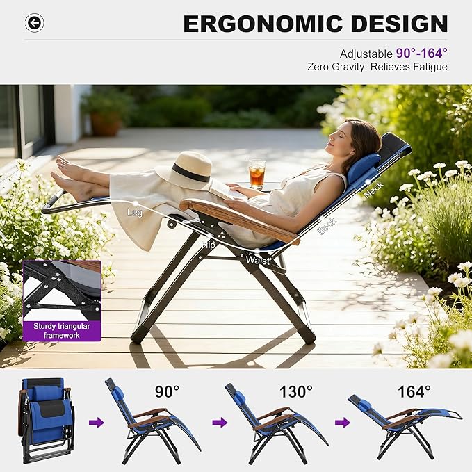 PURPLE LEAF Extra Wide Outdoor Reclining Chair Set of 2 Patio Zero Gravity Chaise Lounge Folding Chair with Quilted Cushion Adjustable Headrest for Lawn Camping Beach Pool Navy Blue and Black
