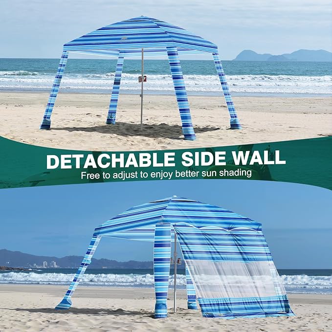 Rhino Valley Beach Cabana, 8 * 8FT Beach Tent UPF50+ Protection, Easy Setup Beach Canopy Wind Resistant with Cup Holder, Compact Beach Shade Foldable Beach Tent Sun Shelter, Blue Four Stripes
