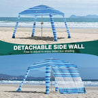 Rhino Valley Beach Cabana, 8 * 8FT Beach Tent UPF50+ Protection, Easy Setup Beach Canopy Wind Resistant with Cup Holder, Compact Beach Shade Foldable Beach Tent Sun Shelter, Blue Four Stripes