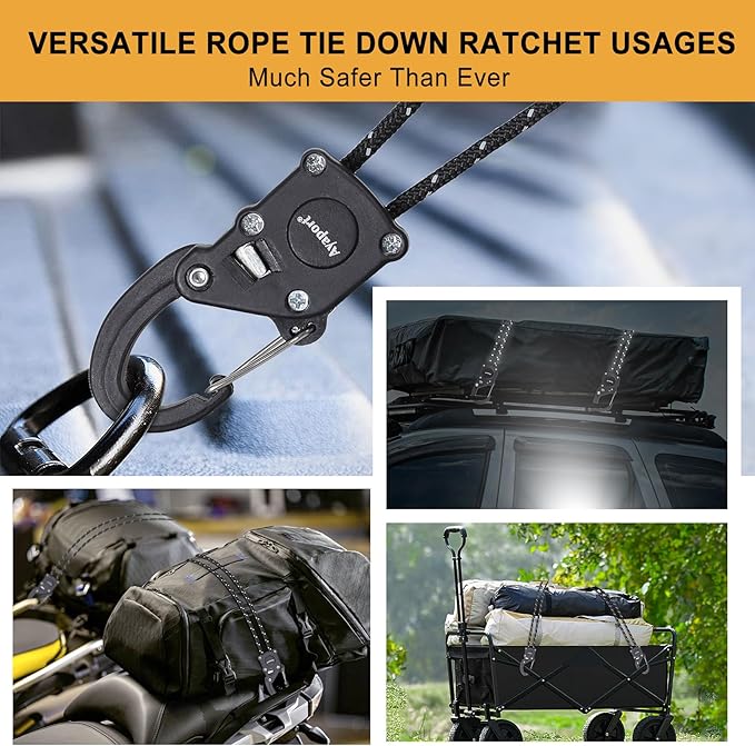 Ayaport Rope Tie Down Ratchet with Carabiner Clip 1/8" x 8' Rope Hanger Cord Tightener Heavy Duty Construction Kayak tie Downs for Tent, Tarp, Camping