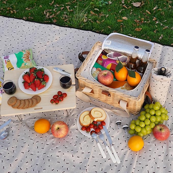 HappyPicnic Picnic Basket for 2, Handmade Wicker Picnic Set with Folding Table and Waterproof Blanket, Large Insulated Picnic Basket with Wine Bag & Cutlery Kit for Picnic, Camping, Holidays (Flower)