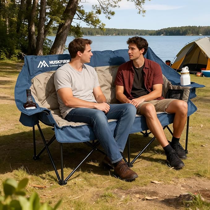 Double Camping Chair Oversized Padded Camping Chairs for Adults Folding Loveseat with Cup Holders and Side Pockets Heavy Duty Outdoor Lawn Chairs for Camping,Sports, Fishing,Beach,Blue
