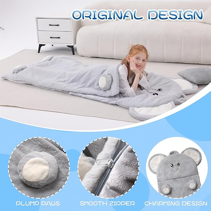 70" 4.2lbs Elephant Thickened Kids Nap Mat for Preschool, Daycare,Kindergarten,Soft Washable for Boys and Girls, 2-in-1 Stuffed Animals Sleeping Bag and Pillow, Sleep Sack for Toddlers