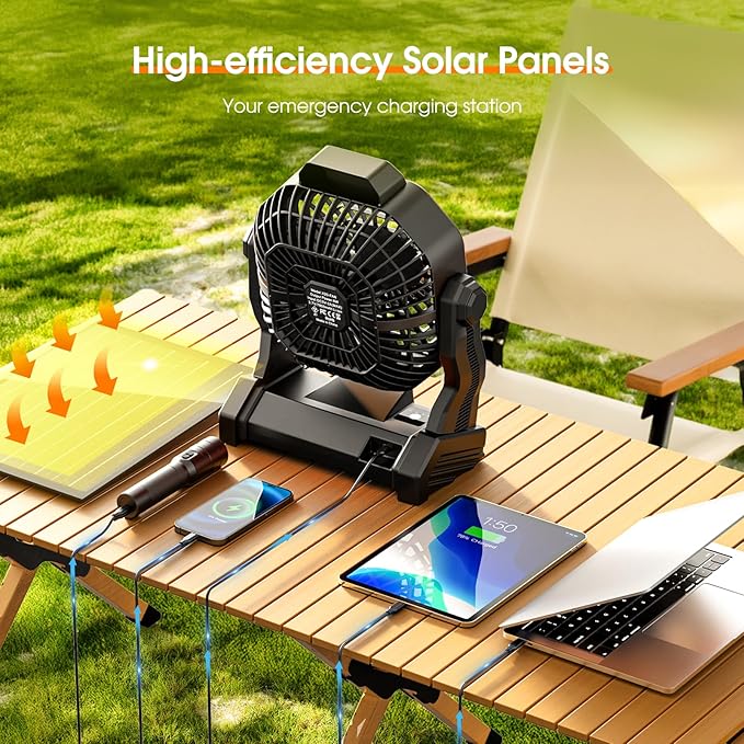 Drchop 30000mAh Solar Camping Fan, 10W Solar Powered Fans with Solar Panel, Rechargeable Fan & Led Lantern, Battery Operated Powered Outdoor Tent Fans for Camping Summer Essentials (Black)
