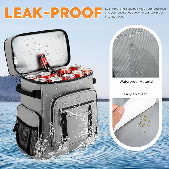 NOL Natural Organic Lifestyle Double Deck Large Waterproof Insulated Cooler Backpack for Men & Women, 32L/57 Cans Leak Proof Cooler Lunch Backpack for Camping, Hiking, Fishing, Picnic，Light Gray