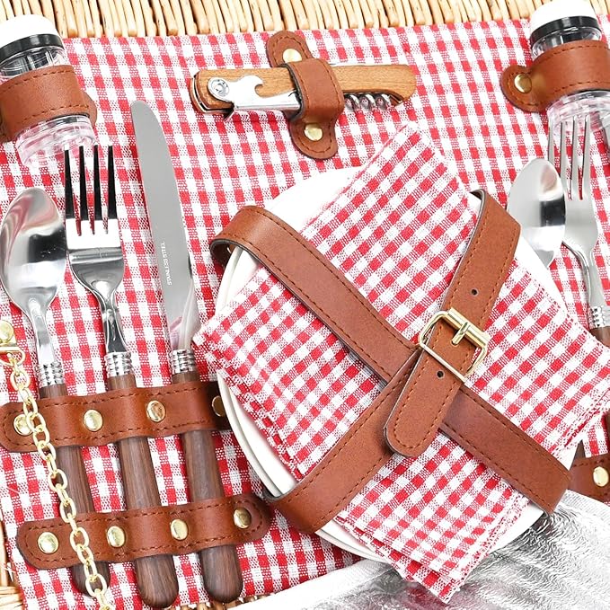 Picnic Basket with Blanket and Wine Pouch for 2, Wicker Picnic Set with Insulated Liner Cooler Bag Hamper for Camping,Wedding - Red Gingham