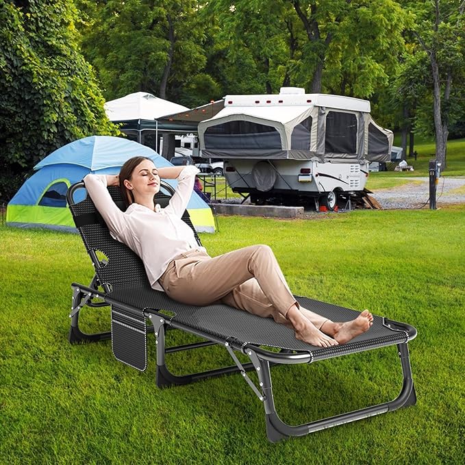 Slsy Folding Lounge Chairs Outdoor, Adjustable Sleeping Cot Chair, Portable Folding Bed Cot Chaise Lounge Chairs for Outside Beach Lawn Camping Pool Sun Tanning