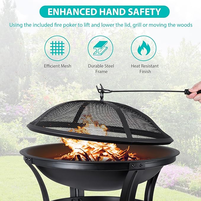 22 Inches Portable Fire Pit Outdoor Wood Burning Steel Lightweight BBQ Grill Firepit Bowl with Log Grate&Poker for Outside Patio Campfire Bonfire Backyard
