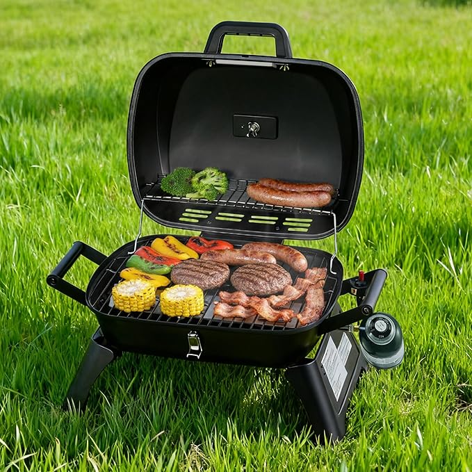 GT2007 Portable Tabletop Gas Grill, 12,000 BTU Output for Outdoor Camping, Foldable Legs, Piezo Ignition, Built-in Thermometer, for Tailgates and Camping Trips, Black