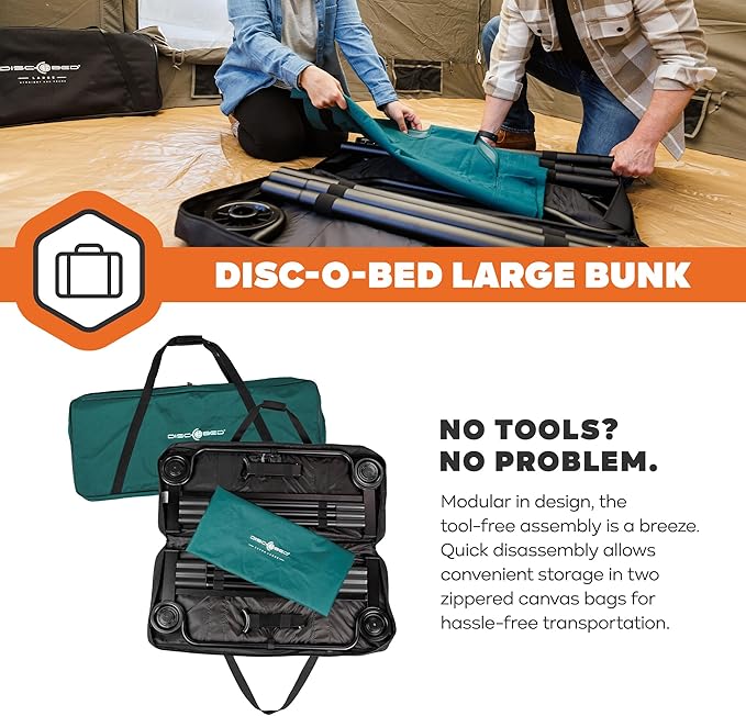 Disc-O-Bed Portable Cam-O-Bunk Bed Large 2 Adult Sleeping Cot for Camping, Green