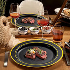 bUCLA 300PCS Black and Gold Disposable Dinnerware Set - 50 Guests Black Plastic Plates with Gold Rim Include 50 Dinner / 50 Dessert Plates, 50 Forks,50 Knives,50 Spoons&50 Cups for Party&New Year