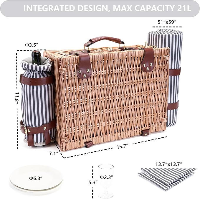 Picnic Basket with Blanket and Wine Pouch for 2 Wicker Picnic Set with Insulated Liner Cooler Bag Hamper for Camping,Wedding - Stripes