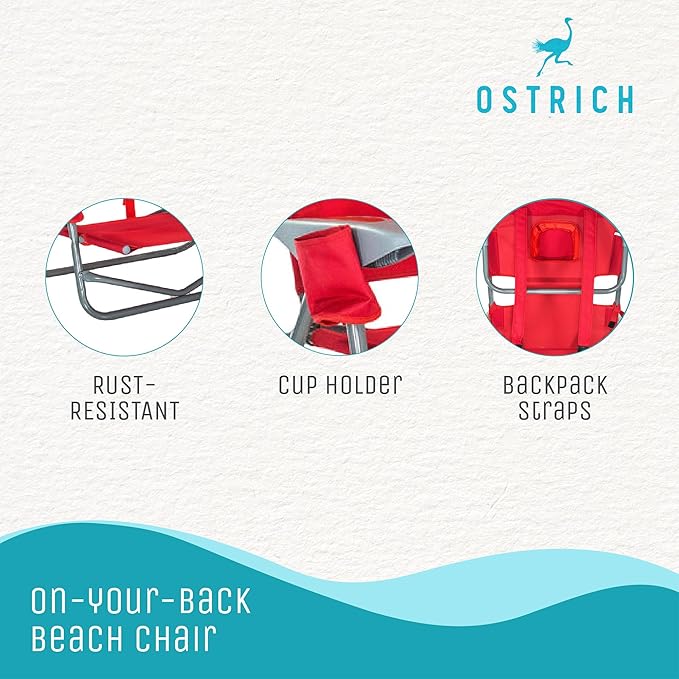 Ostrich Portable On-Your-Back Outdoor Camping Recliner w/5 Positions & Deluxe 3-in-1 Padded Sports Chair w/5 Positions and Footrest, Red