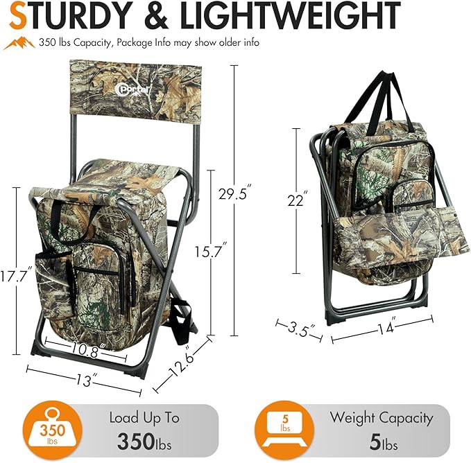 Portal Backpack Cooler Chair Fishing Chairs with Backrest Folding Camping Stool Compact for Outdoors Hiking Hunting Travel, Supports 350 lbs Capacity