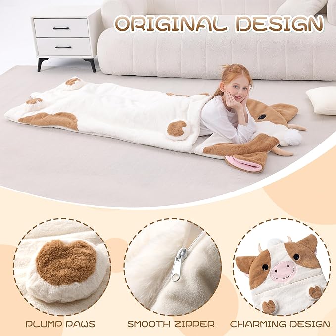 70" 4.2lbs Cow Thickened Kids Nap Mat for Preschool, Daycare,Kindergarten,Soft Washable for Boys and Girls, 2-in-1 Stuffed Animals Sleeping Bag and Pillow, Sleep Sack for Toddlers