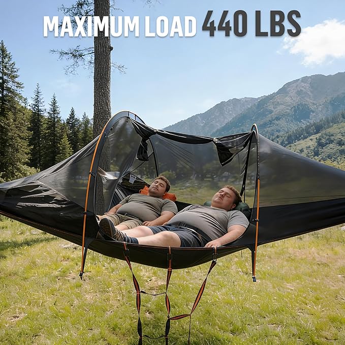 Night Cat Triangle Hammocks 2-Persons: Lay Flat 3 Point Hammock Tent with Bug Net Rainfly 13ft 440 LBS