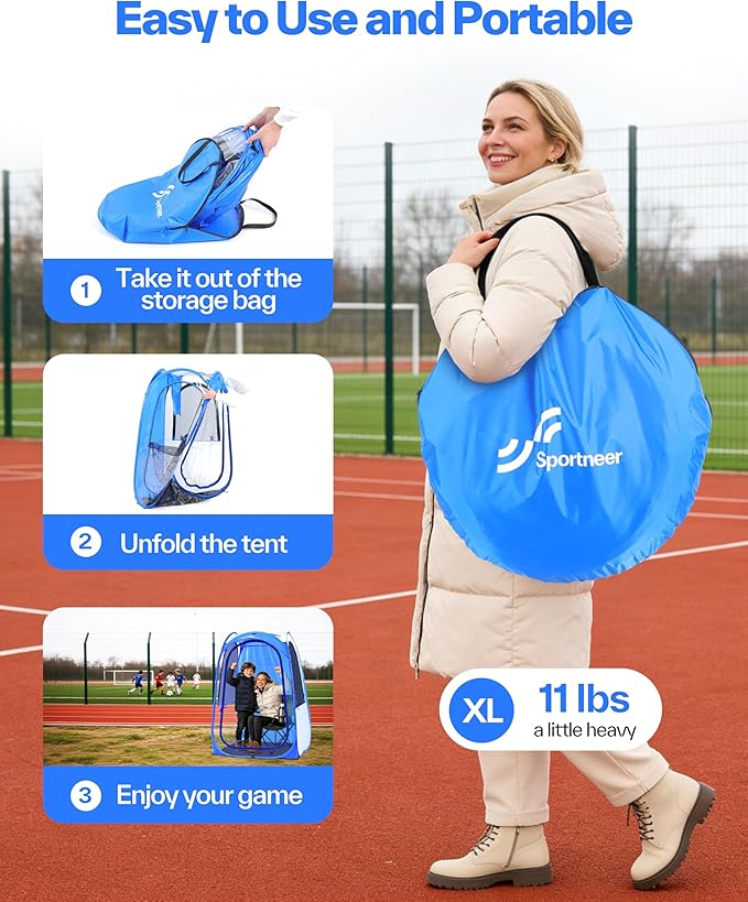 Sportneer XL Transparent Sports Tent, 46" L x 46" W x 63.5" H 3-Side Clear TPU Pop-Up Shelter for 1 Adult & 1 Kid, All-Weather Warm Pod, Portable Windproof & Rain Protection for Outdoor Games
