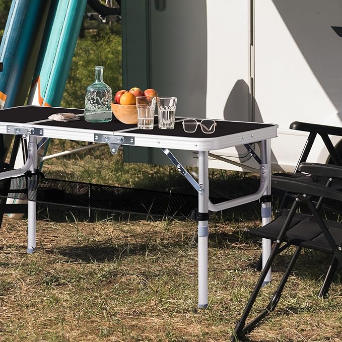 VINGLI Small Folding Table Portable 3FT Aluminum Foldable Camping Table for Picnic Card Table with 3 Adjustable Height & Carry Handle for Outdoor Indoor Hiking Camp BBQ Beach-Black
