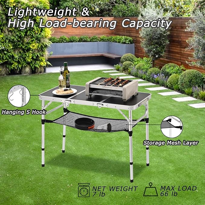 3 ft Folding Table, Folding Camping Table with Storage Net, Lightweight Portable Aluminum Foldable Table with Adjustable Height Max 27.5 Inch Outdoor Table for Picnic Travel, Black