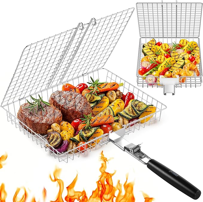 Nesting Grill Baskets, 2PCS Grilling Baskets for Outdoor with Removable Handle, Stainless Steel BBQ Camping Cooking Accessories Tools for Meat Steak Fish Vegetable Shrimp, Gifts for Men Dad Husband