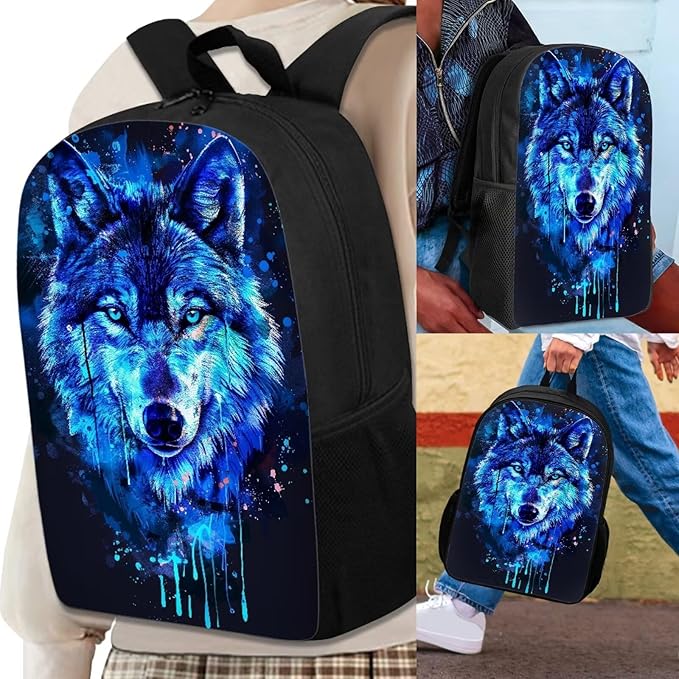 3PCS Blue Wolf Print Kids School Bag Set, Waterproof Daypack Knapsack Insulated Lunch Tote Bag Pen Case Organizer for Hiking