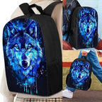 3PCS Blue Wolf Print Kids School Bag Set, Waterproof Daypack Knapsack Insulated Lunch Tote Bag Pen Case Organizer for Hiking