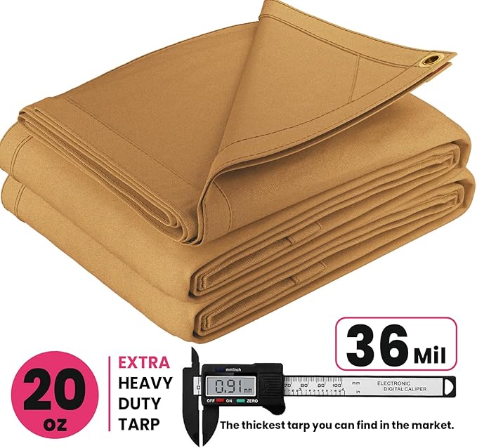 PROTARP Extreme Heavy Duty 20 OZ Water Resistant Canvas Tarp, UV Resistant Tarpaulin Cover with Rustproof Brass Grommets, Multipurpose for Canopy, Roof, Camping, Woodpile (Tan 16'X20')