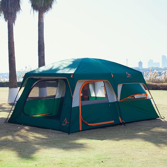 KTT Extra Large Tent 10-12-14 Person(Style-B),Family Cabin Tents,2 Rooms,3 Doors and 3 Windows with Mesh,Straight Wall,Waterproof,Double Layer,Big Tent for Outdoor,Picnic,Camping,Family Gathering
