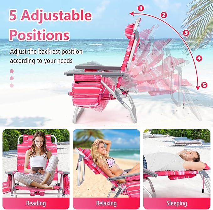 Tangkula Backpack Beach Chair with Table, 5-Position Lay Flat Beach Chairs with Cooler Bag, 2 Cup Holders, Towel Bar, Lightweight Low Folding Beach Chair with Backpack Straps