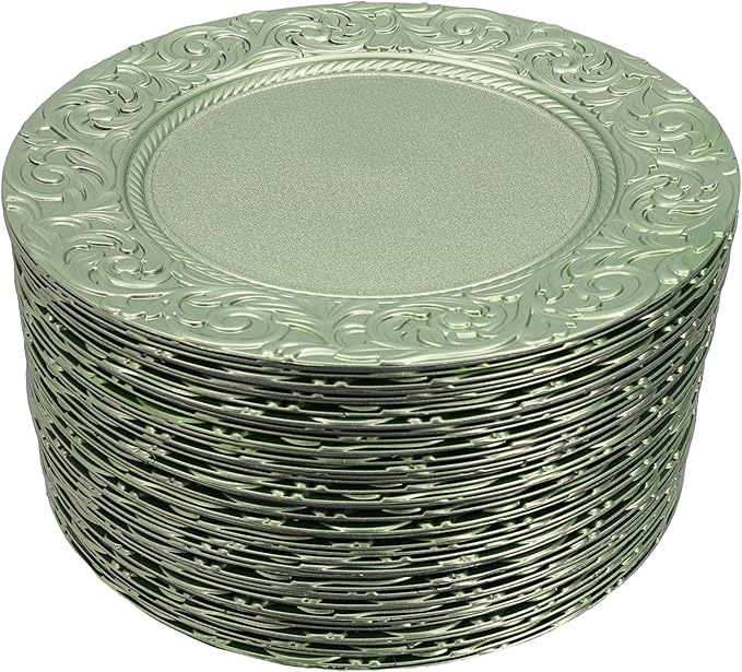 CNCEST 100 PCS Antique Charger Plates Bulk 13'' Plastic Embossed Dinner Plate Chargers Round Floral Plates for Wedding Decorative Chargers for Table Dinner Kitchen Party Decoration (Green)