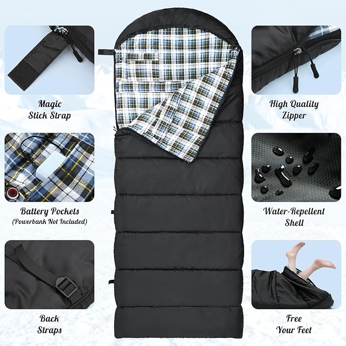 Sportneer Heated Sleeping Bag with 5 Heating Zones, Warm Flannel Cold Weather Sleeping Bag for Adults, 3 Heat Levels USB Powered (Power Bank Not Included), Winter Camping & Outdoor Hiking