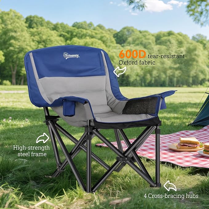 Outsunny Double Camping Chair for Adults, Padded Folding Camp Chair for 2 Person with Armrest, Wine Glass Holder, Cup Holder, Carry Bag for Outdoor Sports, Picnics, Supports up to 552 lbs.