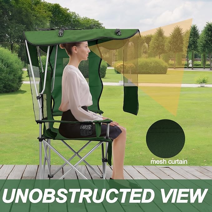 ptlsy Folding Camping Chair with Canopy, Beach Chair with Canopy Shade with Cup Holders, Cooler Bag for Camping, Fishing, Beach, Sports and Concert (Green)