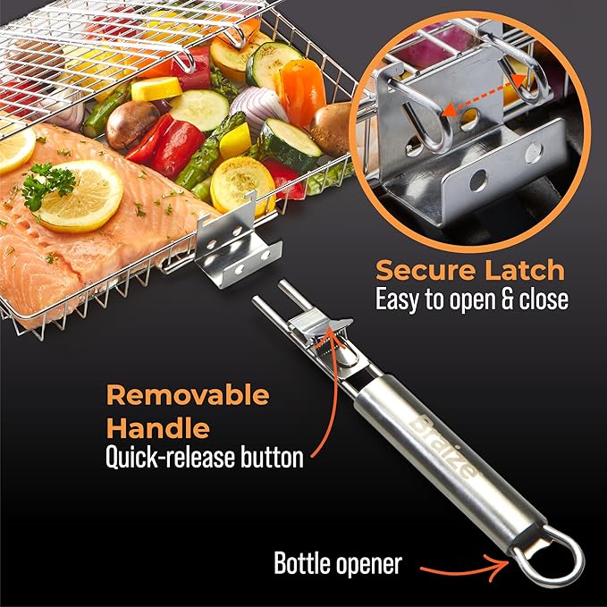 Stainless Steel Large Grill Basket with Removable Handle – 12.25 x 9.5 x 1.5 Inch BBQ Vegetable Basket with Easy Open Lid, Silicone Basting Brush & Scrub Sponge – Outdoor Cooking & Camping Accessory