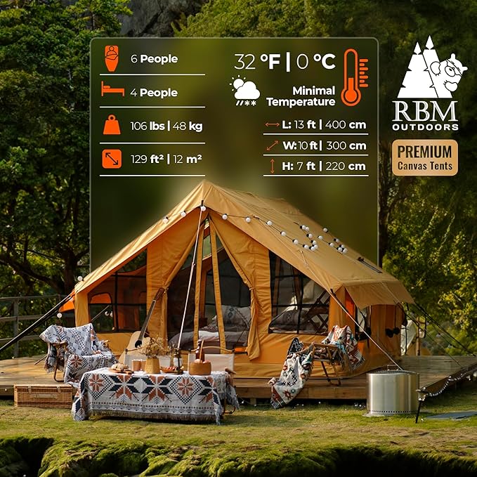 Inflatable Canvas Camping Tents with Stove Jack – Air Beam Blow Up Family Camping Tent for 2–6 People, Fast Setup Shelter with Hand Pump