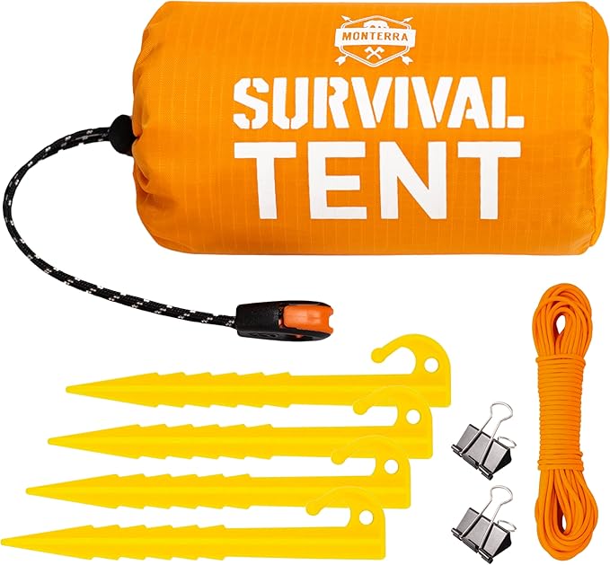 Monterra Emergency Tent, 2 Person Survival Shelter, Thermal Mylar, Waterproof, Outdoor Camping Gear and Equipment, Survival Kits, Compact Bivvy Tarp, Includes Paracord and Accessories. (Orange 1 Pack)