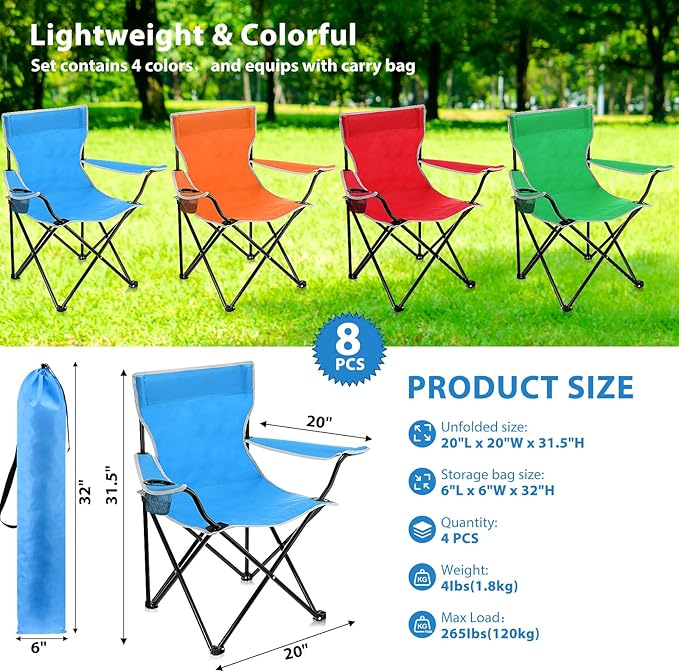 8 Pcs Folding Camping Chairs with Cupholder and Carry Bag Regular Size Portable Lightweight Lawn Chair with Mesh Side Pocket for Fishing Hiking Picnic Beach Outdoor Party (Classical)