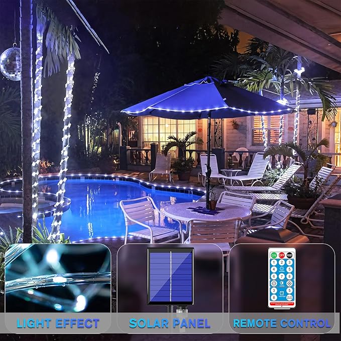 ANJAYLIA 66FT 200 LED Solar Rope Lights Outdoor Waterproof, Solar Powered Rope String Lights with 8 Modes & Timer Remote, for Outdoor, Patio, Garden, Camping, Holiday & Christmas Décor Cool White