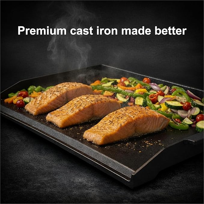 Updated Cast Iron Griddle for Gas Grill, 23" x 16" Large Matte Porcelain Enamel Griddle for Gas & Charcoal Grills, Universal Flat Top Plate with Extra High Sidewalls for Camping, Tailgating, Parties