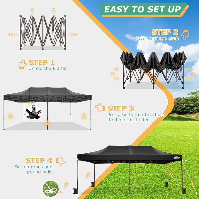 COBIZI 10x20 Pop Up Heavy Duty Canopy with Upgrated Hexagonal Legs, Easy up Tent for Party, Wedding and Commercial Event, Outdoor Canopy with Roller Bag, Sand Bags, Waterproof & UPF50+ (Black)