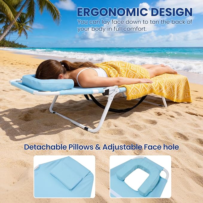 LILYPELLE Portable Folding Camping Cot, Adjustable 5-Position Face Down Folding Chaise Lounge Chairs, Outdoor Portable Bed Sleeping Cot for Camping, Pool, Beach, Patio