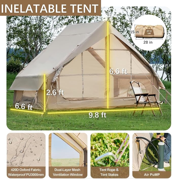 4-6 Person Inflatable Tent with Pump, Easy Setup 4-Season Waterproof Camping Tent, Family Glamping Tents with 12 Mesh Windows, All Weather Outdoor Tent, Camping Tents with Windows