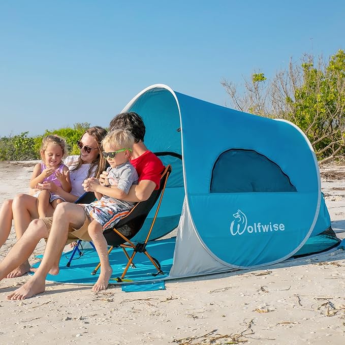 Wolfwise Pop up Beach Tent Sun Shelter with UPF50+ UV Protection, Instant Easy Setup Popup Beach Shade Canopy for 3 Person, Portable & Foldable with Carring Bag, 87 ×57×47 in, Blue