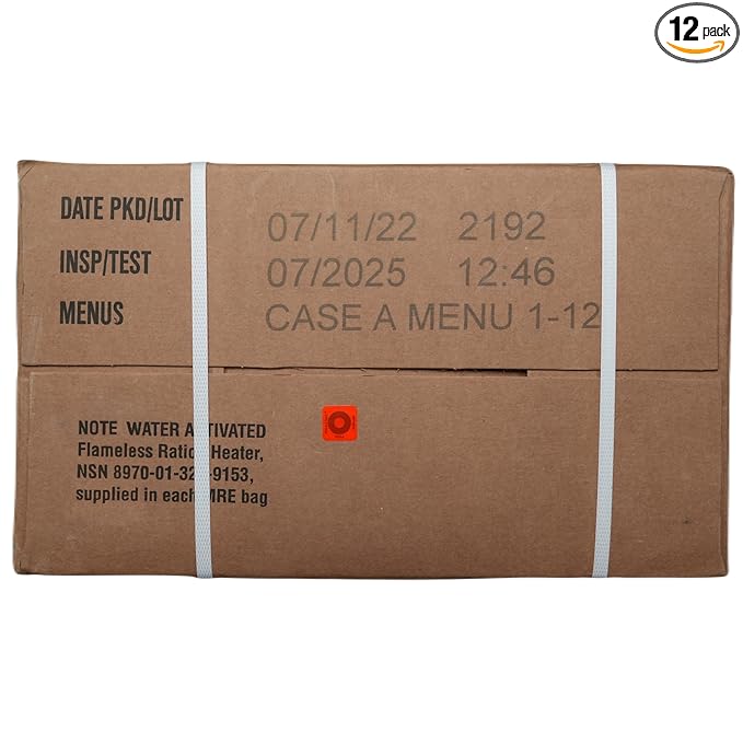 U.S. MRE Meals Ready to Eat (12-Pack) – Military-Grade Emergency Food Supply w/Flameless Heaters – Survival Rations for Camping, Prepping, Disaster Relief (Menu A: 1-12) (Case A (Menu 1-12), 12, Count)