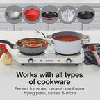 Proctor Silex Portable Electric Stove, Cast Iron Double Burner Cooktop, Compact, Adjustable Temperature Hot Plate, 1700 Watts, White (34117)