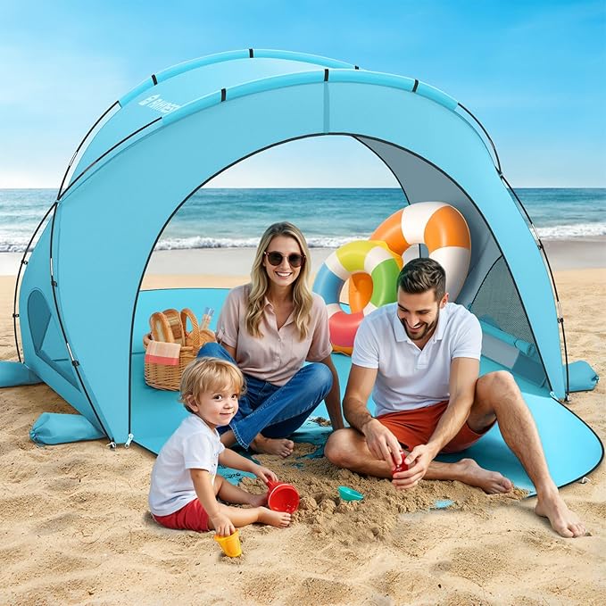 Beach Tent Sun Shelter, Beach Shade Tent with UPF50+ UV Protection, Sun Shelter for 1-3 Person, Beaches Shade with 2 Zippered Doors, Portable Tents for Camping Fishing, Light Blue