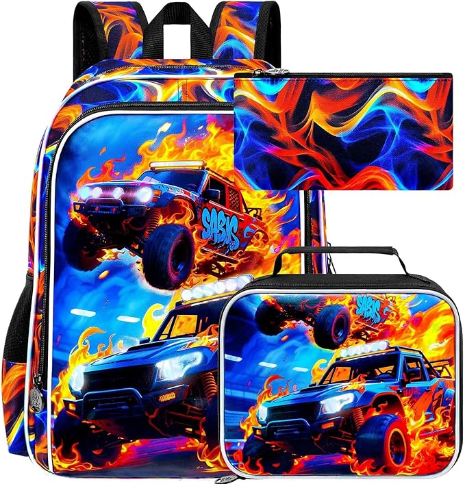 17" Truck Backpack for Boy, 3Pcs Fire Bookbag for Elementary Preschool Kindergarten, Kids School Backpacks with Lunch Box (Red)