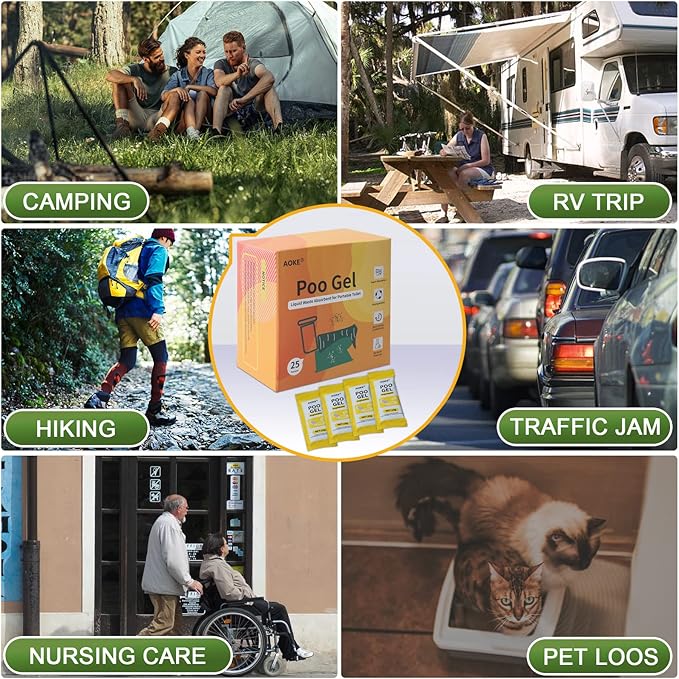 AOKE Portable Toilet Powder, Lemon 100 Pack Poo Gel for Camping Eco Absorbent Gel Liquid Waste Gelling and Deodorizing Powder, Emergency Toilet Waste Treatment for Outdoor Camping Hiking