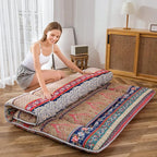 MAXYOYO Bohemian Retro Floor Mattress Vintage Floral Japanese Futon Mattress Roll Up Thicken Sleeping Bed Portable Camping Mattress Floor Lounger Couch Bed Mattress Pad, King Size